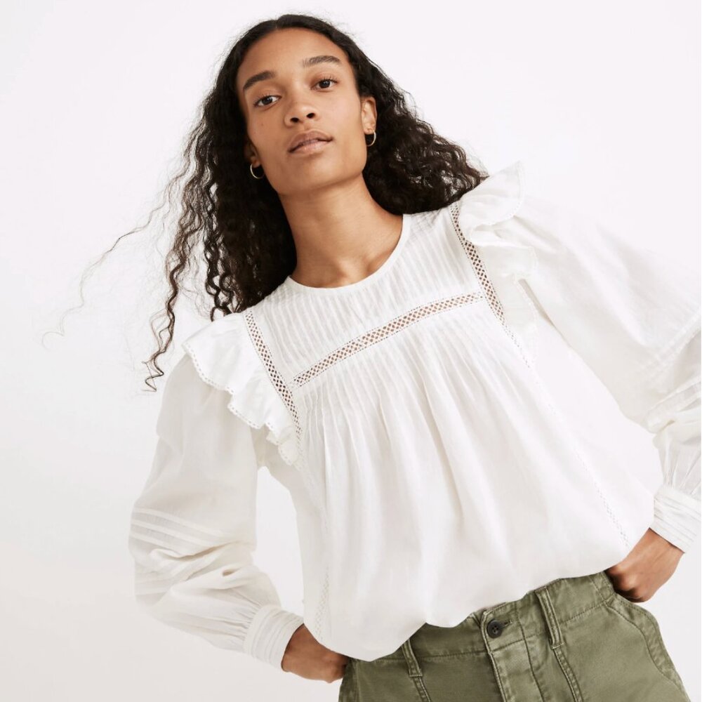 Madewell | Full-Sleeve Pintuck Ruffle Top | Light Ivory Color | Size Small